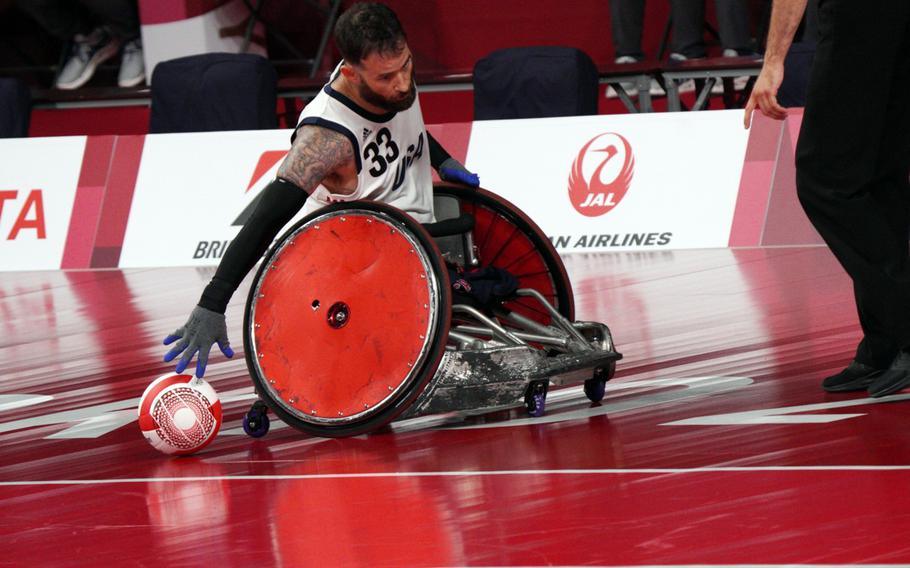 Former Marine Raymond Hennagir scored three times in Team USA’s wheelchair rugby win over New Zealand during their Tokyo Paralympics matchup, Wednesday, Aug. 25, 2021. 