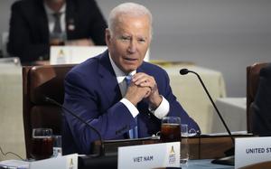 President Joe Biden speaks while sitting next to other leaders during the Asia-Pacific Economic Cooperation (APEC) conference, Thursday, Nov. 16, 2023, in San Francisco. (AP Photo/Jeff Chiu)