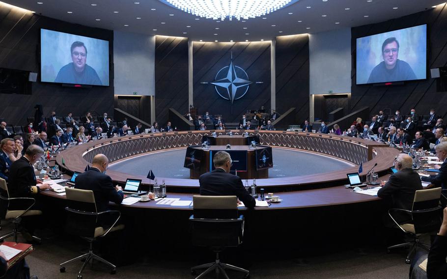 Ukrainian Foreign Minister Dmytro Kuleba speaks to a meeting of NATO foreign ministers at the organizations headquarters in Brussels, March 4, 2022.
