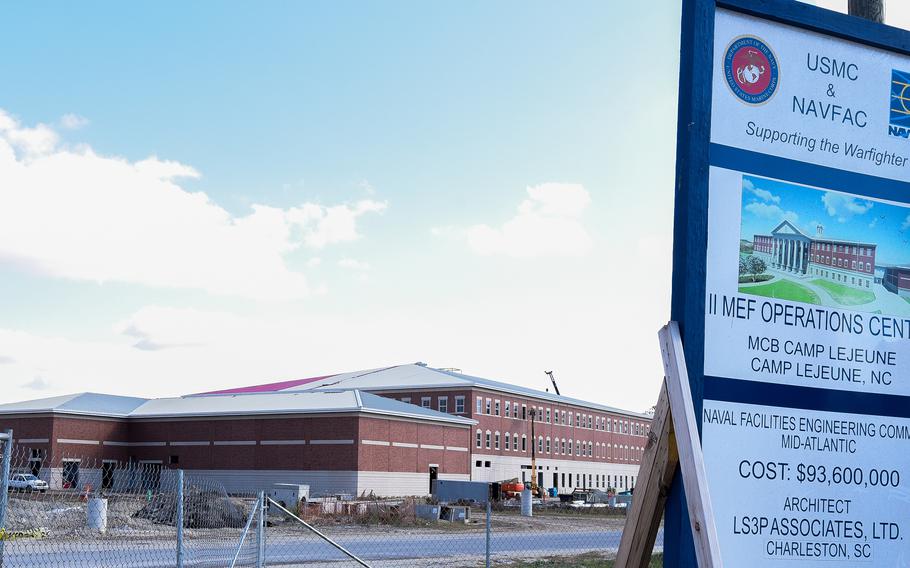 A new 181,000 square-foot headquarters building for Camp Lejeune’s II Marine Expeditionary Force, pictured on Nov. 1, 2023, is one of dozens of buildings under construction at the coastal North Carolina base. Construction has boomed on the base since Hurricane Florence dropped record rain in the installation wreaking havoc, especially on older buildings that were catastrophically damaged in the flooding.