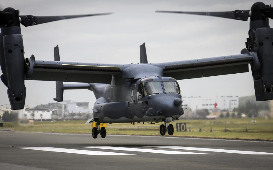 A CV-22 Osprey tiltrotor aircraft lands at Yokota Air Base, Japan, April 5, 2018. 