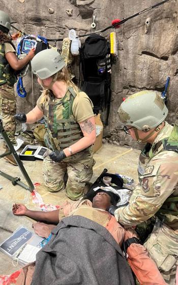 Project Lavoy medics test their new blood transfusion field kit during a casualty exercise at Kadena Air Base, Okinawa, Feb. 13, 2024.