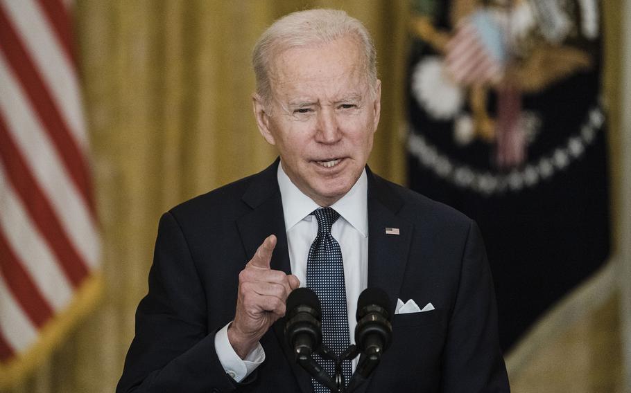 U.S. President Joe Biden delivers remarks in the East Room of the White House, Feb. 15, 2022, in Washington, D.C.