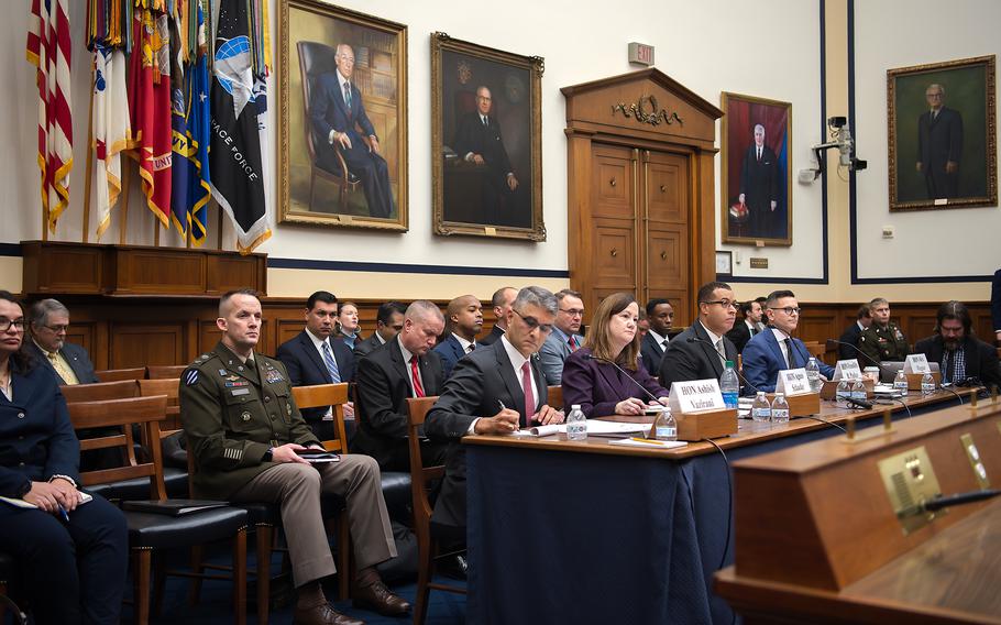 Witnesses for the Department of Defense appear before the House Armed Services Committee on Dec. 13, 2023, during a hearing on Capitol Hill in Washington. Testifying are from left: Acting Under Secretary of Defense for Personnel & Readiness Ashish Vazirani; Assistant Secretary of the Army for Manpower & Reserve Affairs Agnes Schaefer; Assistant Secretary of the Navy for Manpower & Reserve Affairs Franklin Parker; and Assistant Secretary of the Air Force for Manpower & Reserve Affairs Alex Wagner.