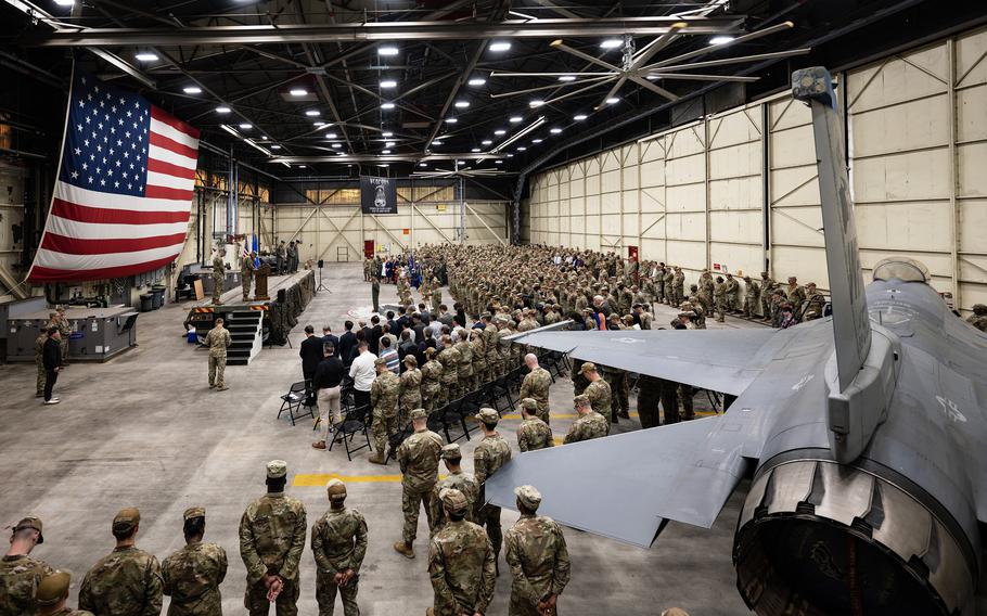 Airmen from the 8th Fighter Wing gather to welcome their new commander, Col. Timothy Murphy, during a change-of-command ceremony at Kunsan Air Base, South Korea, Thursday, May 25, 2023. 