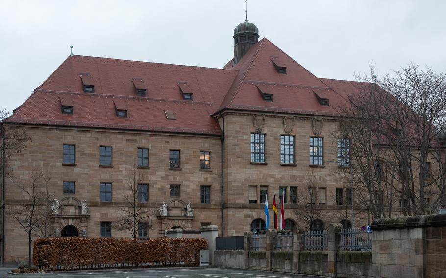 The east wing of the Palace of Justice in Nuremberg, Germany, houses Courtroom 600 and the Memorium Nuremberg Trials. The courtroom's four large windows are visible in this exterior shot.