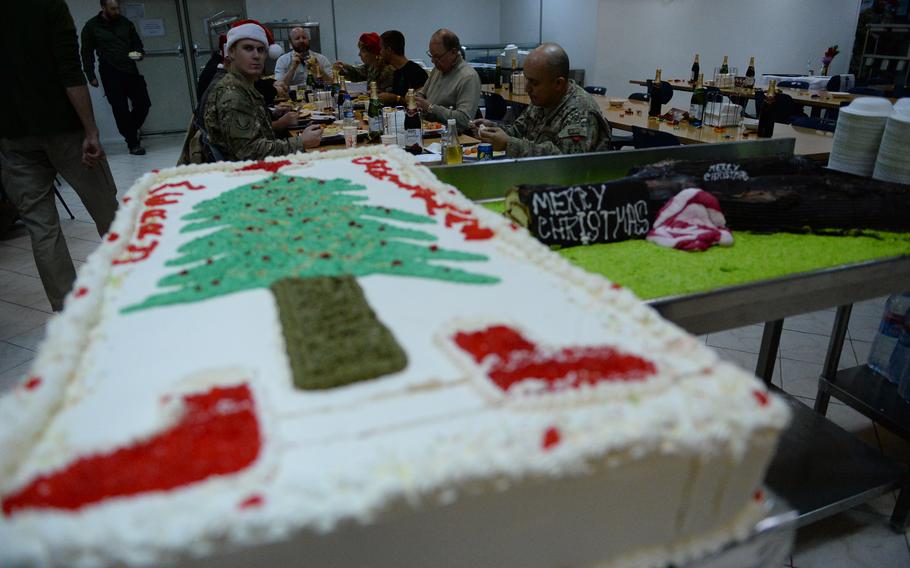 A Christmas cake at the chow hall on the Resolute Support headquarters in Kabul, Afghanistan, on Dec. 25, 2015. 