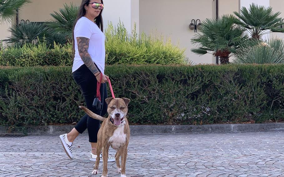 Jessica Olsen, 34, walks her dog, Thor, on the U.S. Naval Support Activity Gricignano di Aversa site in September 2021. Olsen, a meteorologist, wanted to telecommute during her stay in Italy, but the 71-year old NATO Status of Forces Agreement and Italian law won't allow her or other military dependents to work off-base, unless they give up the rights and protections afforded them through the agreement.      