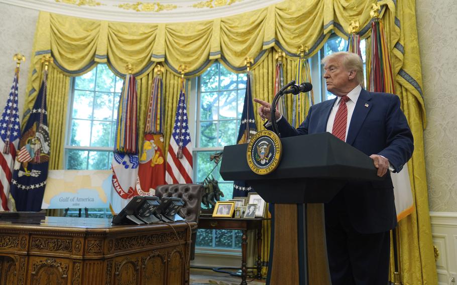 President Donald Trump speaks to reporters after David Perdue.
