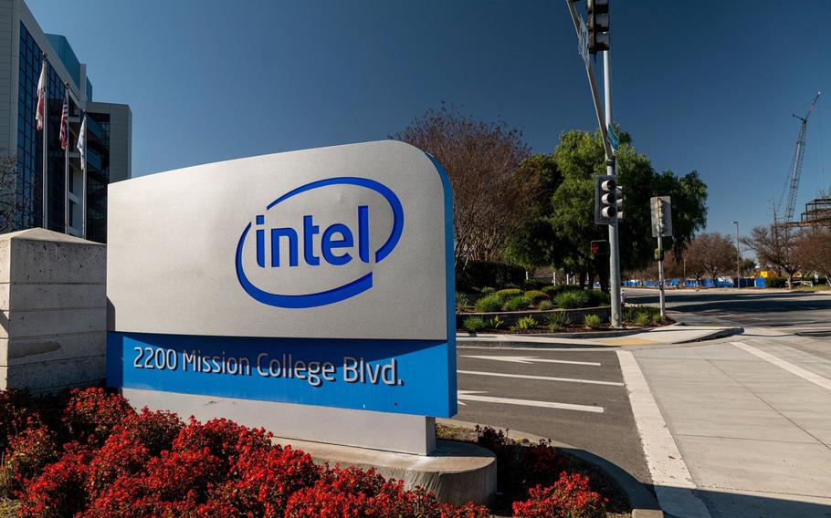 Signage at the entrance to Intel headquarters in Santa Clara, California, on Jan. 20, 2021. 