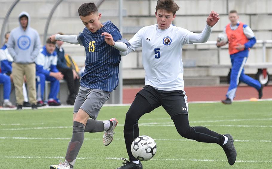 Brussels defender Wilson Stewart and Ansbach forward Damien Abitua fight over the ball during a pool-play match on May 16, 2023, at Kaiserslautern High School in Kaiserslautern, Germany.