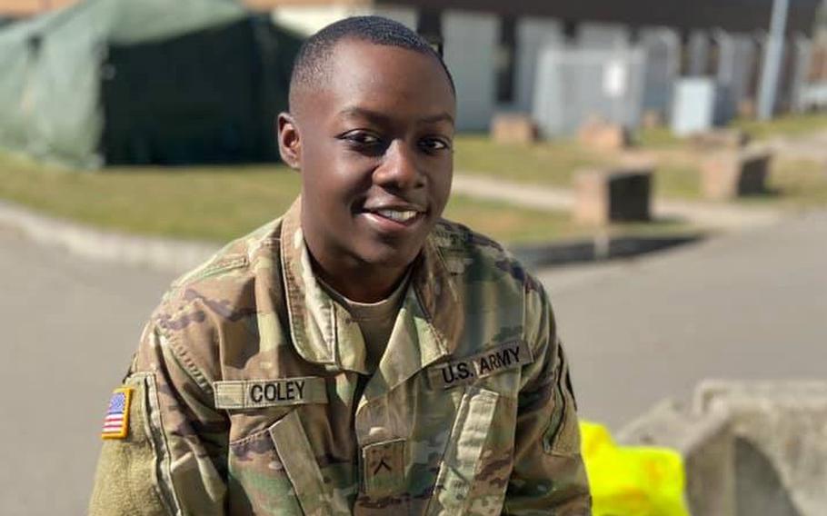 Pvt. Trevon K. Coley smiles in a photo posted to his social media account in 2020.  On May 6, 2022, Pvt. Trevon K. Coley was sentenced to eight years in prison after being convicted on involuntary manslaughter and other charges for his role in a 2021 car crash.