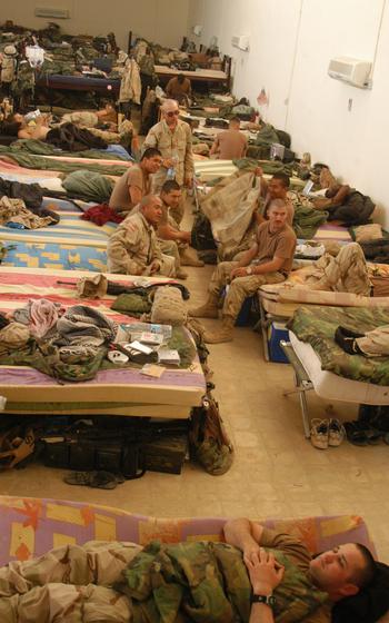 Manchus from 1st Battalion, 9th Infantry Regiment are living in a morgue while they wait to move into their barracks in Iraq.
