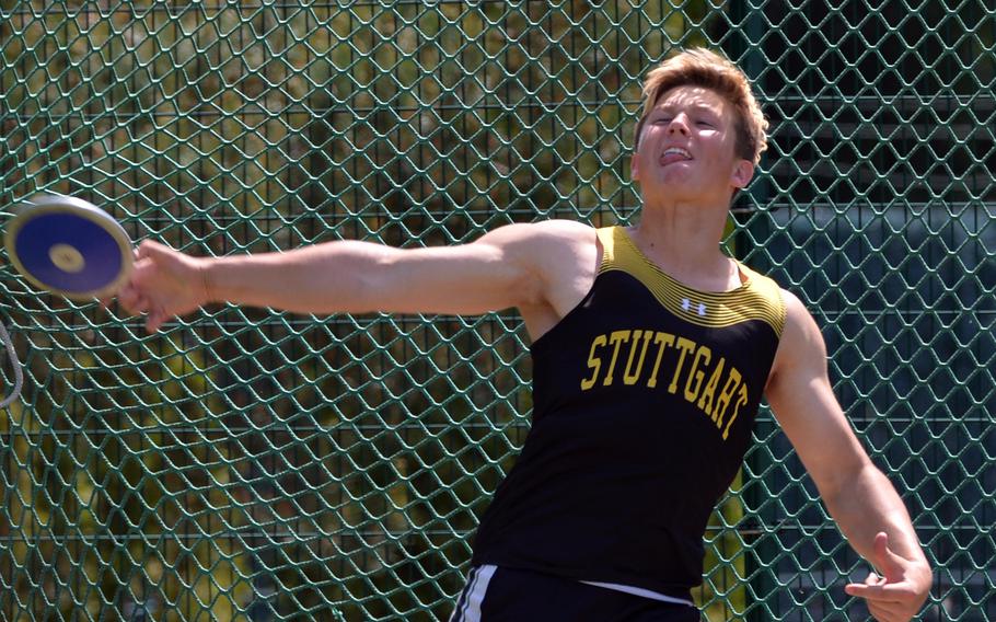 Stuttgart’s Jack Gruver won the boys shot put competition with a throw of 118.01 feet, on the first day of the DODEA-Europe track and field championships in Kaiserslautern, Germany.