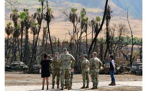Brig. Gen. Kirk Gibbs, the U.S. Army Corps of Engineers’ 34th Commander and Division Engineer of the Pacific Ocean Division, surveys the destruction caused by the Lahaina wildfires during a visit on Sept. 12, 2023.