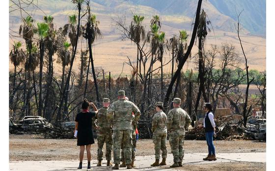 Brig. Gen. Kirk Gibbs, the U.S. Army Corps of Engineers’ 34th Commander and Division Engineer of the Pacific Ocean Division, surveys the destruction caused by the Lahaina wildfires during a visit on Sept. 12, 2023.