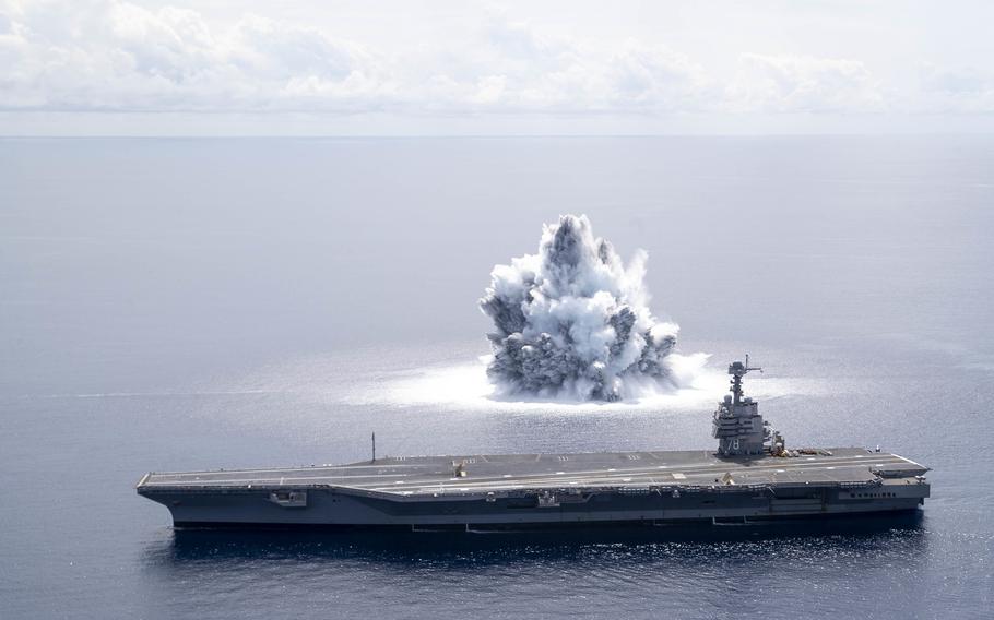 The aircraft carrier USS Gerald R. Ford completes the first scheduled explosive event of Full Ship Shock Trials while underway in the Atlantic Ocean, June 18, 2021. 