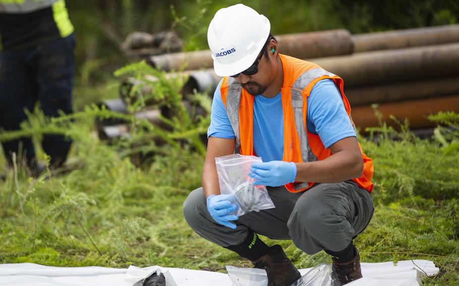 A radiological engineer gathers soil samples to be tested for Per- and Polyfluoroalkyl Substances (PFAS) on Marine Corps Base Camp Lejeune, North Carolina, Aug. 19, 2020. PFAS are man-made chemicals commonly used for clothing, food packaging and carpeting and have the potential to be toxic.  Frequent testing is done to ensure drinking water on MCB Camp Lejeune and MCAS New River is safe.