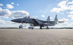 An F-15 fighter jet parks on the new taxiway Sierra at Barnes Air National Guard Base in Westfield. (Hoang 'Leon' Nguyen / The Republican)