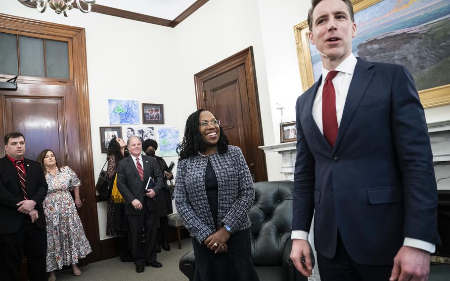 Supreme Court nominee Judge Ketanji Brown Jackson meets with Sen. Josh Hawley, R-Mo., on March 9, 2022.