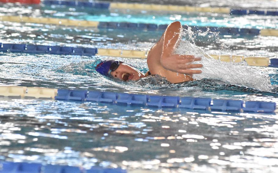 Kaiserslautern's Ella Yost takes in a breath while competing in a girls 1,500-meter freestyle heat Sunday, Nov. 27, 2022, at the European Forces Swim League Long Distance Championships in Lignano Sabbiadoro, Italy.