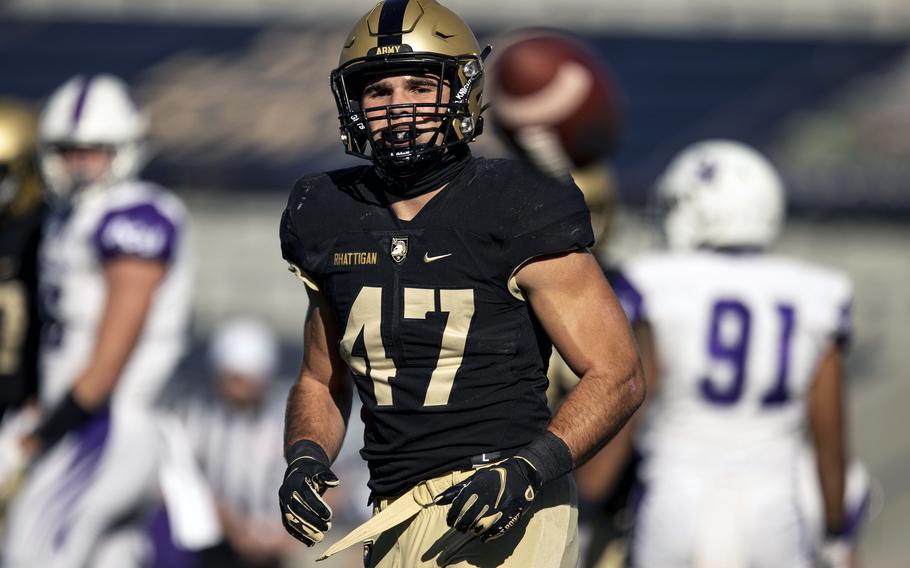 Army senior linebacker Jon Rhattigan (47) is shown during the second half of an NCAA college football game against Abilene Christian in West Point, N.Y., Oct. 3, 2020. Rhattigan carved out a special-teams role for the Seattle Seahawks in the NFL.