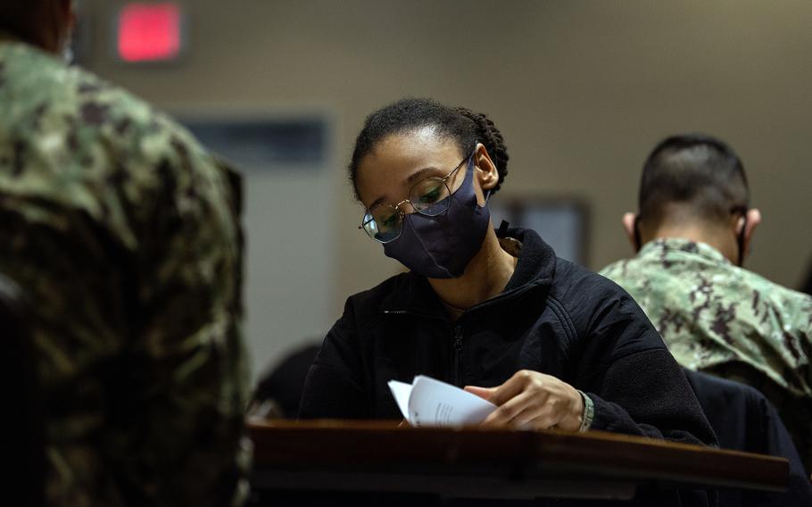 Sailors prepare to take the advancement exam for E-6 candidates at Naval Air Facility Atsugi, Japan, March 9, 2022.