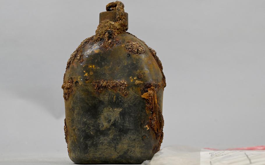 A Marine's canteen that still had water in it more than 75 years after it was used on Tarawa in 1943 is one of the artifacts recently given to the National Museum of the Marine Corps. 
