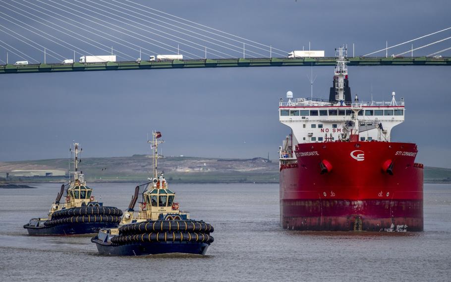 Tugboats return to the dock after escorting the STI Comandante tanker following a delivery of Russian diesel to Purfleet fuel terminal in Purfleet, U.K., on April 5, 2022. 