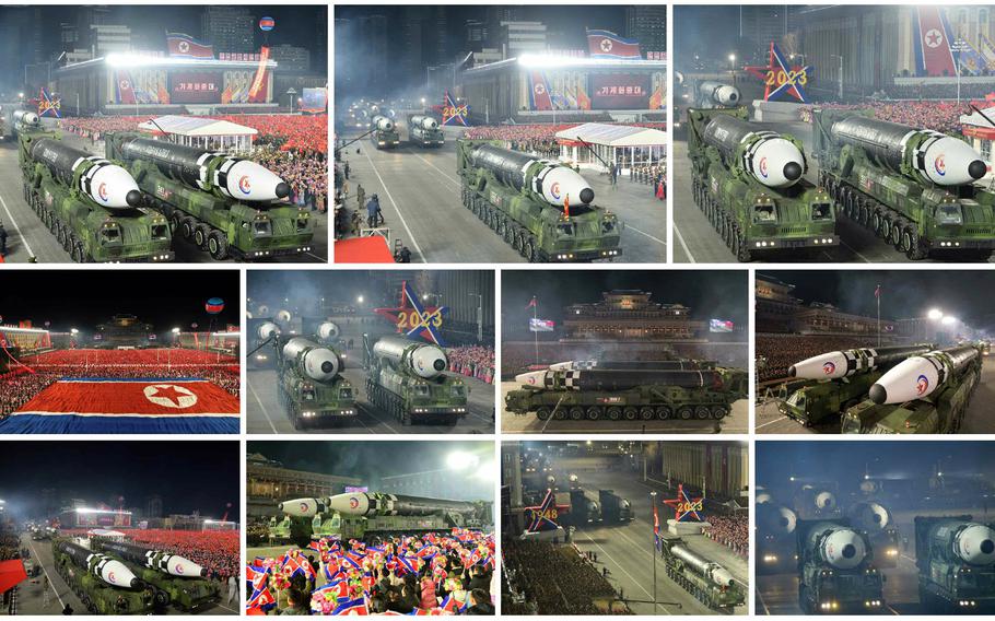 North Korea held a parade marking the 75th anniversary of its army’s founding on Wednesday, Feb. 8, 2023, in Pyongyang, where it showcased roughly 15 intercontinental ballistic missiles.