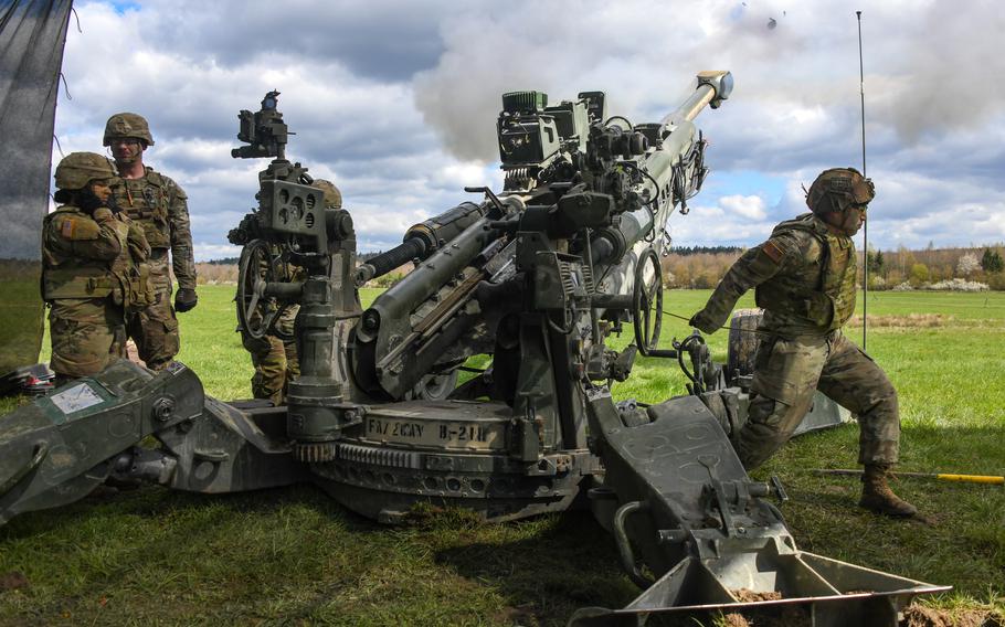 U.S. 2nd Cavalry Regiment soldiers fire an M777 howitzer at Grafenwoehr Training Area, Germany, April 26, 2023. U.S. Army Europe and Africa commander Gen. Darryl A. Williams said at a European ground forces meeting in Garmisch-Partenkirchen, Germany, on June 23 that new NATO defense plans are being developed in the coming weeks that will inform how U.S. troops fight if war breaks out. 