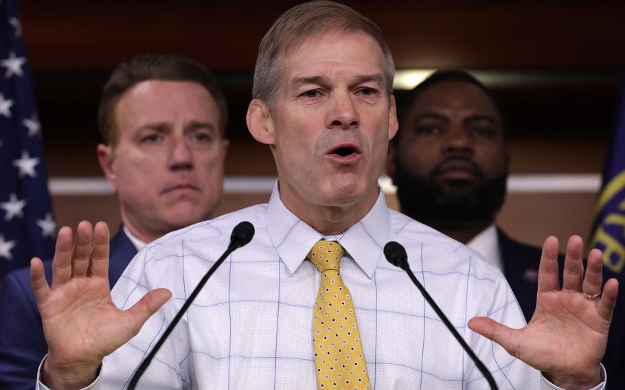 Flanked by House Republicans, U.S. Rep. Jim Jordan, R-Ohio, speaks during a news conference at the U.S. Capitol on Nov. 17, 2022, in Washington, D.C. Jordan was one of the authors of the Republican version of the Jan. 6 report. 
