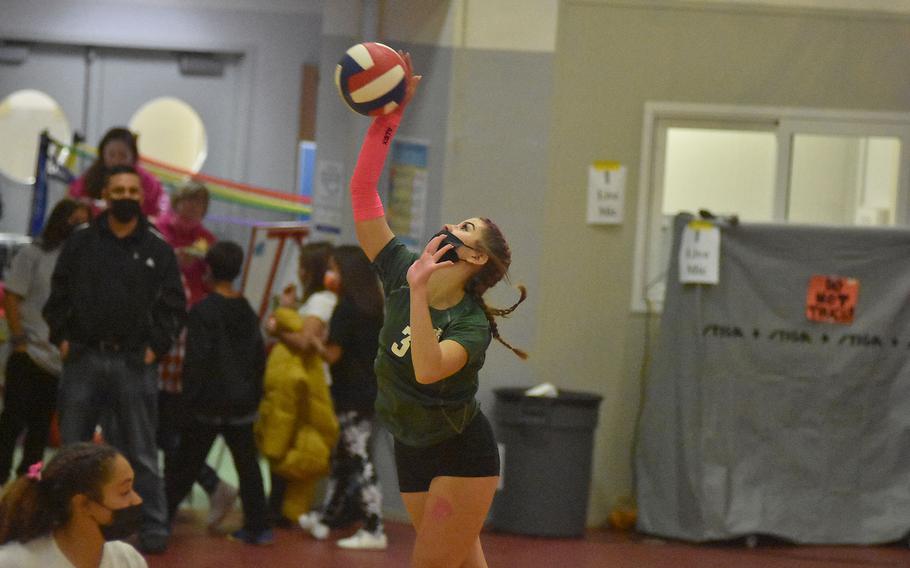 Naples sophomore Josie Villarreal connects on a serve Friday, Oct. 15, 2021, during the Wildcats’ 25-16, 25-19, 25-14 victory over Aviano.