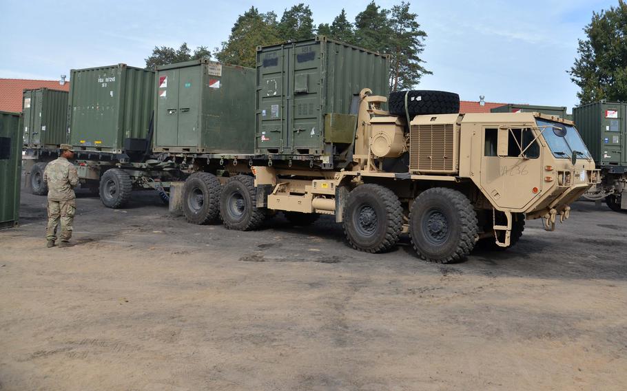 A U.S. Army  Heavy Expanded Mobility Tactical Truck, or HEMTT, loaded with equipment, maneuvers through a military base at Bemowo Piskie, near Orzysz, Poland, Tuesday, Sept. 11, 2018. The 2nd Squadron, 278th Armored Cavalry Regiment is replacing 1st Squadron, 2nd Cavalry Regiment as part of  NATO's Enhanced Forward Presence Battle Group Poland.