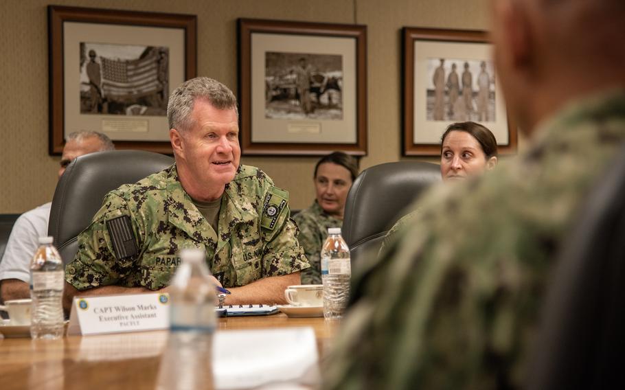 Adm. Samuel Paparo, commander of U.S. Pacific Fleet, meets with local military leaders on Guam in December 2022. Paparo testified Thursday, Feb. 1, 2024, before the Senate Armed Services Committee about his nomination to lead U.S. Indo-Pacific Command.