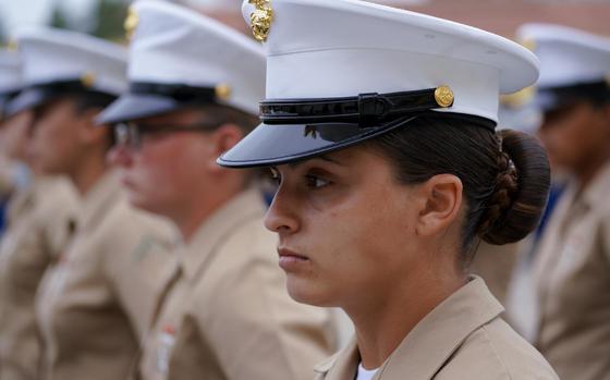 53 women from Lima Company, 3rd Recruit Training Battalion, Platoon 3241 were the first women to graduate from basic training at Marine Corps Recruit Depot in San Diego, Calif. on May 6, 2021. The Marine Corps has stopped requiring women to wear pantyhose with their uniform skirts, a change made at the request of one unidentified female Marine.