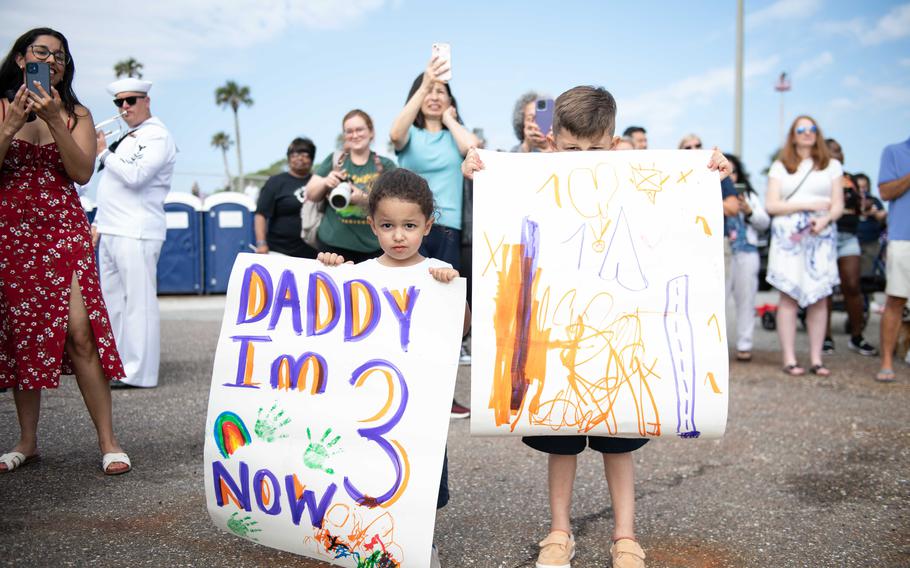 Family and friends of sailors assigned to USS Carney (DDG 64) prepare to reunite with their loved ones during the ship’s homecoming at on Sunday, May 19, 2024, Naval Station Mayport, Fla.