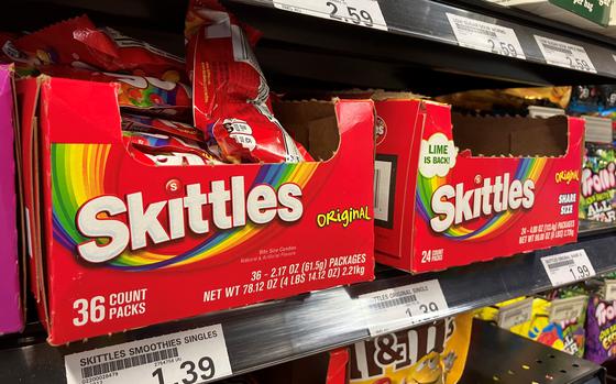 Skittles are sold at the Army & Air Force Exchange Service store on Kleber Kaserne, Germany, Wednesday, Aug. 3, 2022.