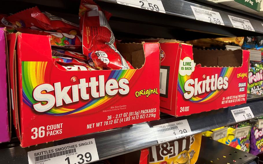 Skittles are sold at the Army and Air Force Exchange Service store on Kleber Kaserne in Kaiserslautern, Germany, Aug. 3, 2022. Skittles will continue to be stocked at AAFES stores despite a European Union ban on an ingredient in the candy. 
