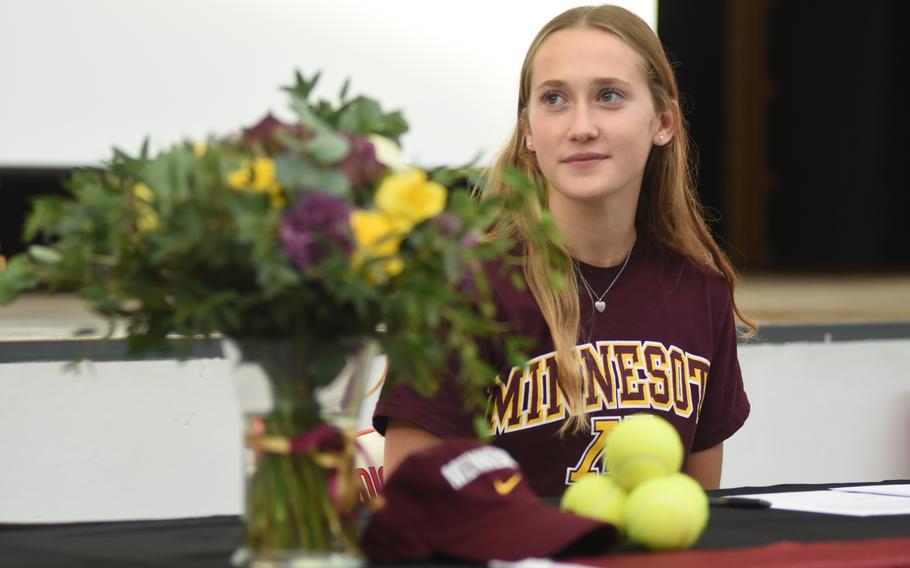 Kaiserslautern High School senior Aiva Schmitz signed a letter of intent on Wednesday, Nov. 10, 2021, to play tennis for the University of Minnesota. 