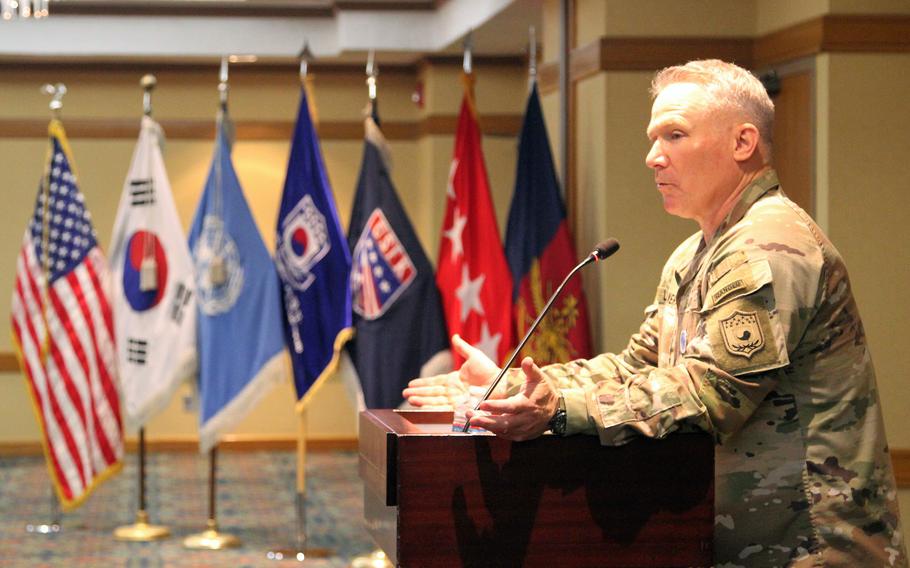 The commander of U.S. Forces Korea, Army Gen. Paul LaCamera, speaks at Yongsan Garrison in Seoul, South Korea, Nov. 5, 2021.