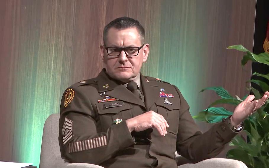 Sgt. Maj. of the Army Michael Weimer speaks during a discussion at the Association of the U.S. Army conference in Huntsville, Ala., March 26, 2025. Weimer, the Army’s top enlisted leader, said this week that he wants to overhaul how soldiers are tested for promotion.