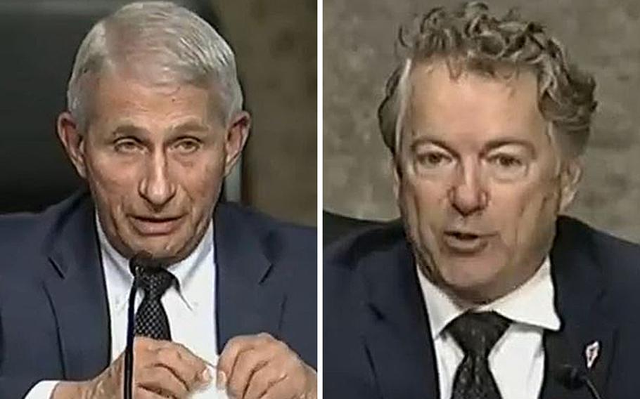 Video screen grabs show the Director of the National Institute of Allergy and Infectious Diseases Anthony Fauci, left, as he answers questions from Sen. Rand Paul, R-Ky.
