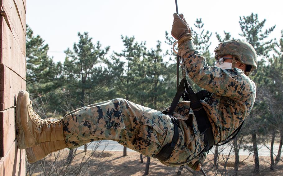 U.S. Marines work on their rappelling and rope work in Pohang, South Korea, Jan. 27, 2022.