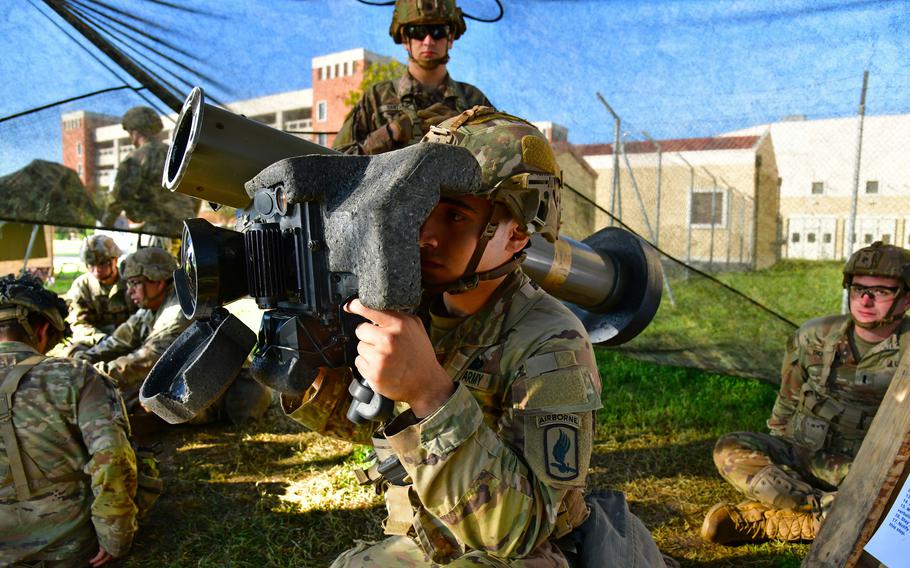 A U.S. Army paratrooper assigned to the 173rd Airborne Brigade prepares a Javelin shoulder-fired anti-tank missile for firing during Expert Infantryman Badge, Expert Soldier Badge and Expert Field Medical Badge training at Caserma Del Din, Vicenza, Italy, Oct. 28, 2022. 