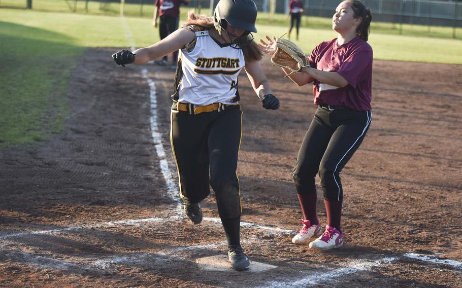 Stuttgart sophomore Ell Soto scores a run against Vilseck during day one of the European championships on May 22, 2024, in Kaiserslautern, Germany. Stuttgart won the game 29-0.
