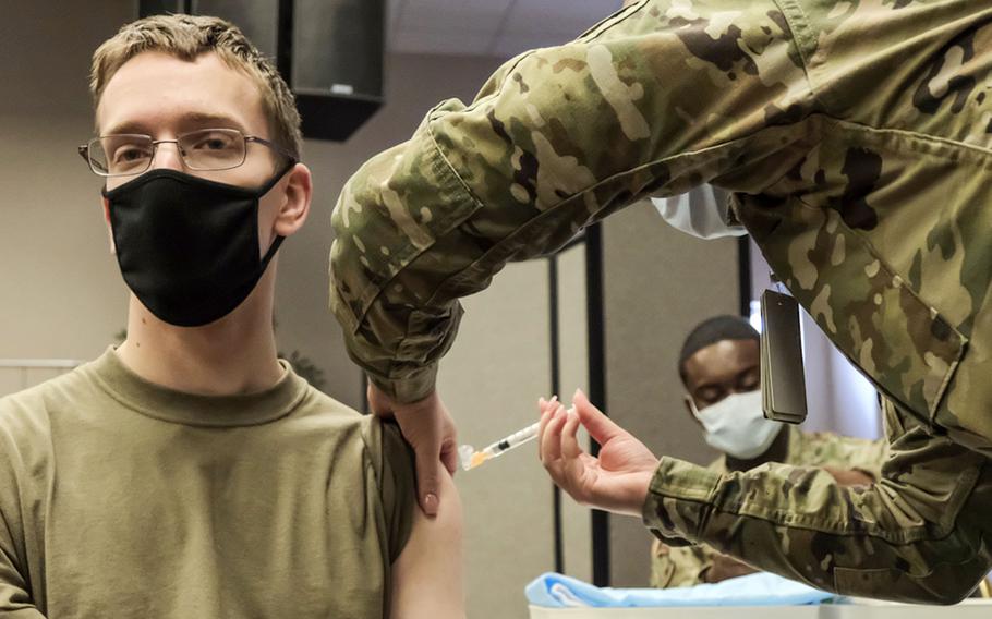 An airman assigned to the 51st Fighter Wing receives the Jannsen COVID-19 vaccine at Osan Air Base, South Korea, March 11, 2021.