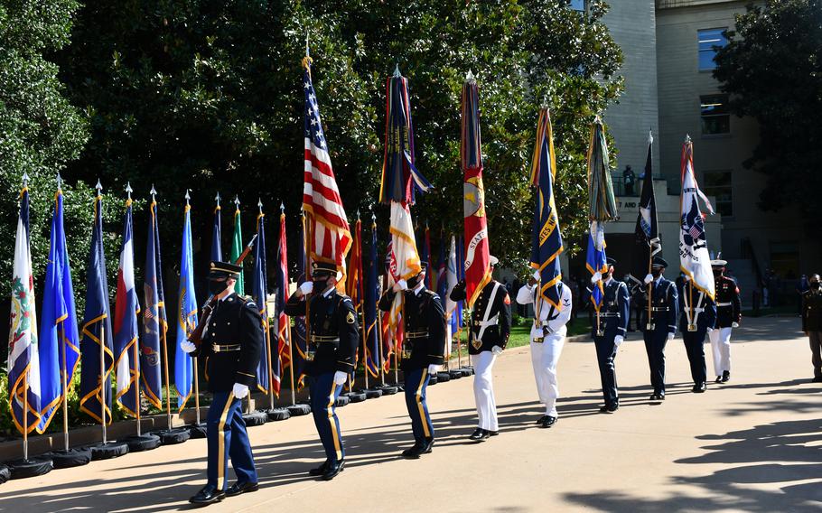 The color guard arrives at the 9/11 observance ceremony in the Pentagon courtyard on Sept. 10, 2021.