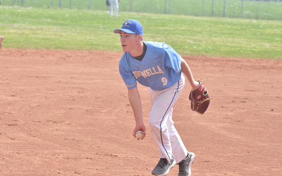 Sigonella’s Reagan Rosier gets set to toss the ball to third after fielding a grounder from the pitcher’s mound in the Jaguars’ 10-4 loss to Aviano on Saturday, April 6, 2024.