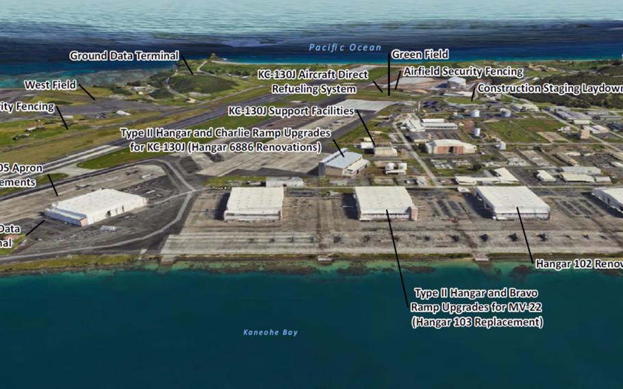 A conceptual overview shows upgrades proposed for Marine Corps Base Hawaii to accommodate KC-130J and MQ-9 Reaper squadrons.